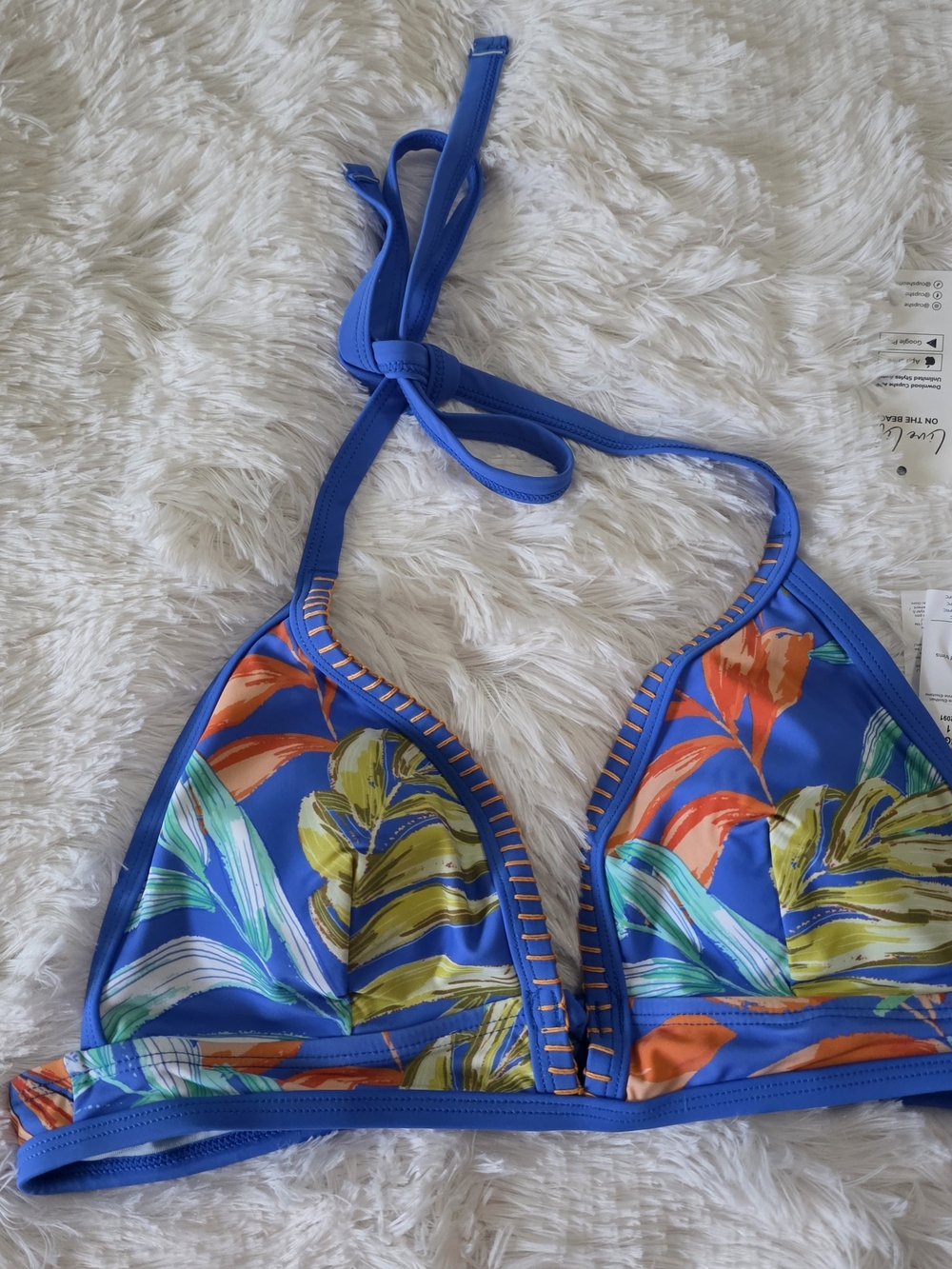 Blue Tropical Print Triangle Bikini Top